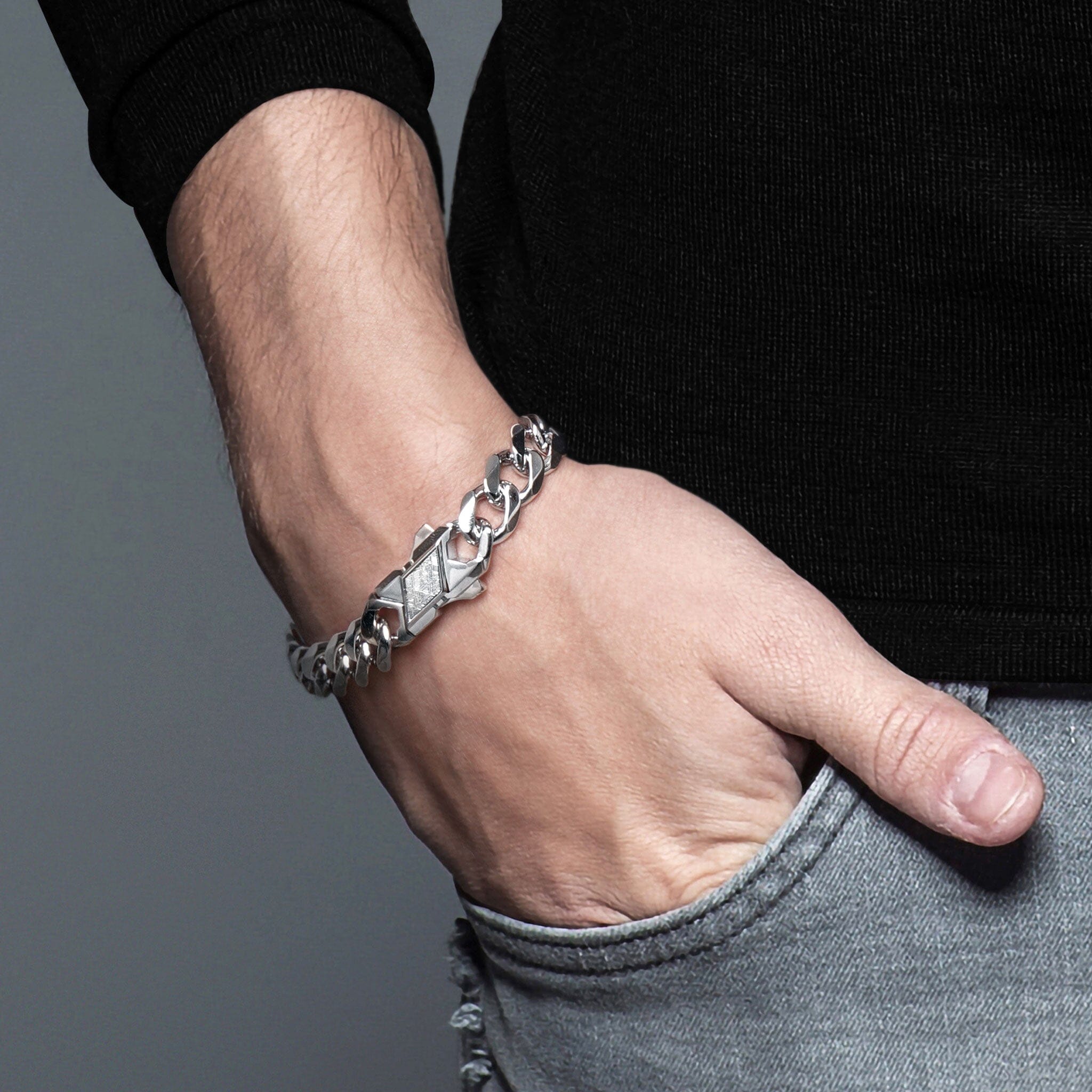 Men's Silver Cuban Link Chain Bracelet with Meteorite Bracelets WAA FASHION GROUP 