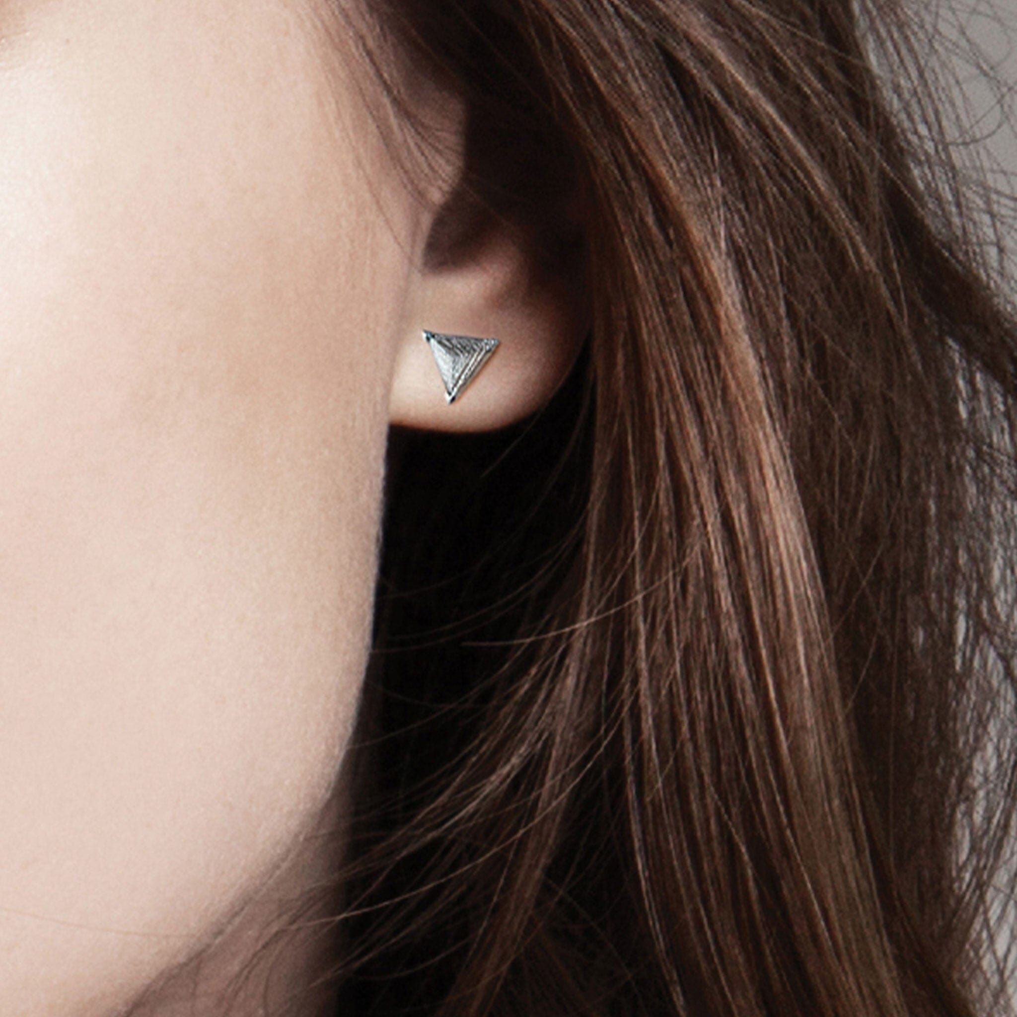 Women's Platinum Triangle Studs with Meteorite Earrings AWNL 