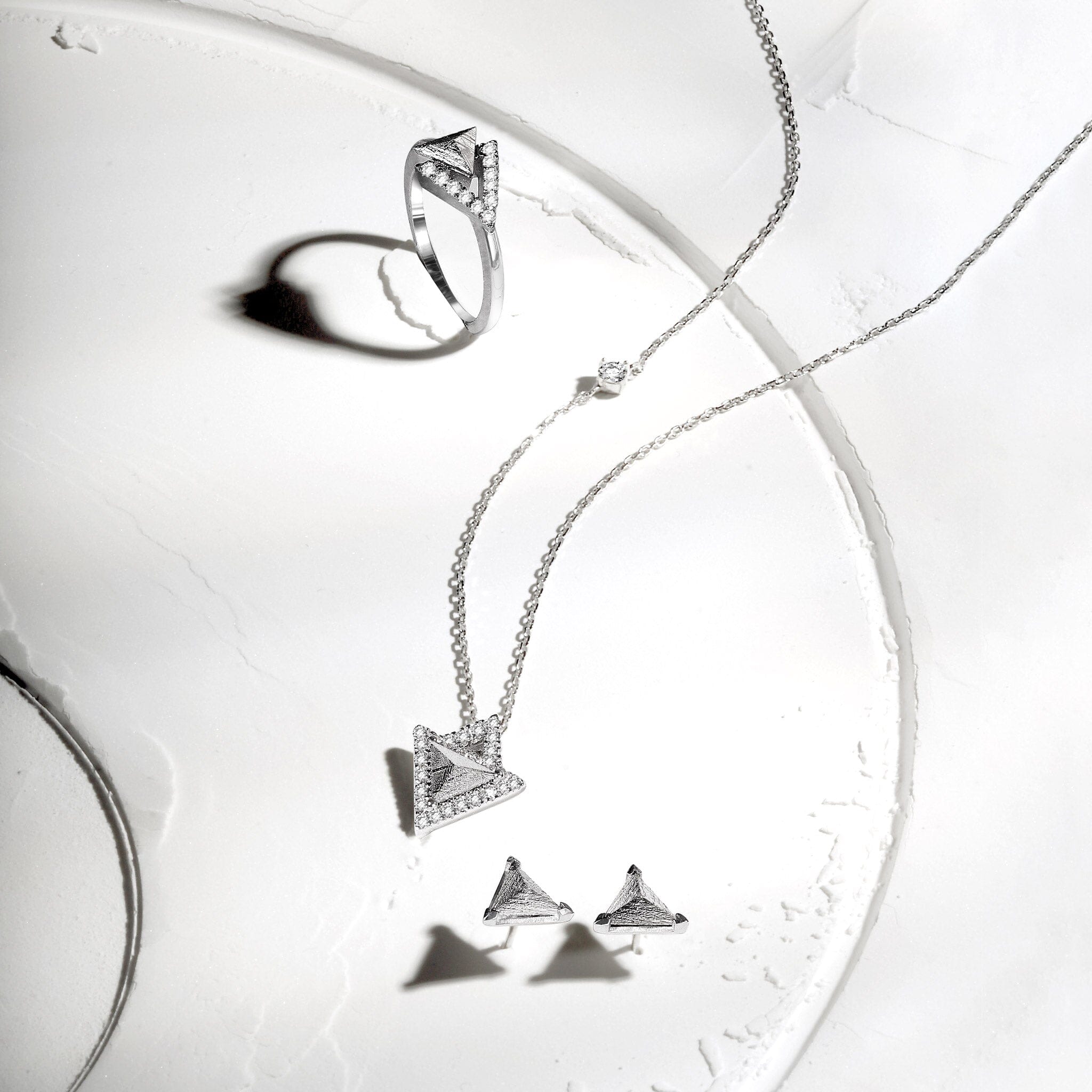 Women's Platinum Triangle Studs with Meteorite Earrings AWNL 